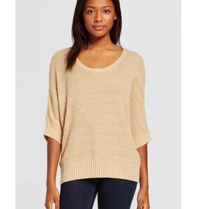 Hive & Honey Crew Neck Open Knit 3/4 Length Sleeve Tan Sweater Size Medium